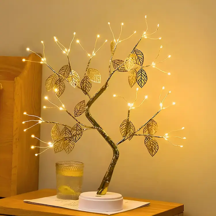 72 LED Bonsai Tree Lamp with golden leaves, decorative lighting for home and office