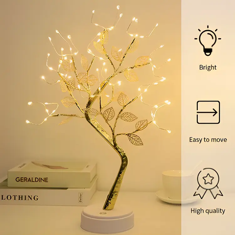 72 LED Bonsai Tree Lamp with golden leaves, decorative lighting for home and office